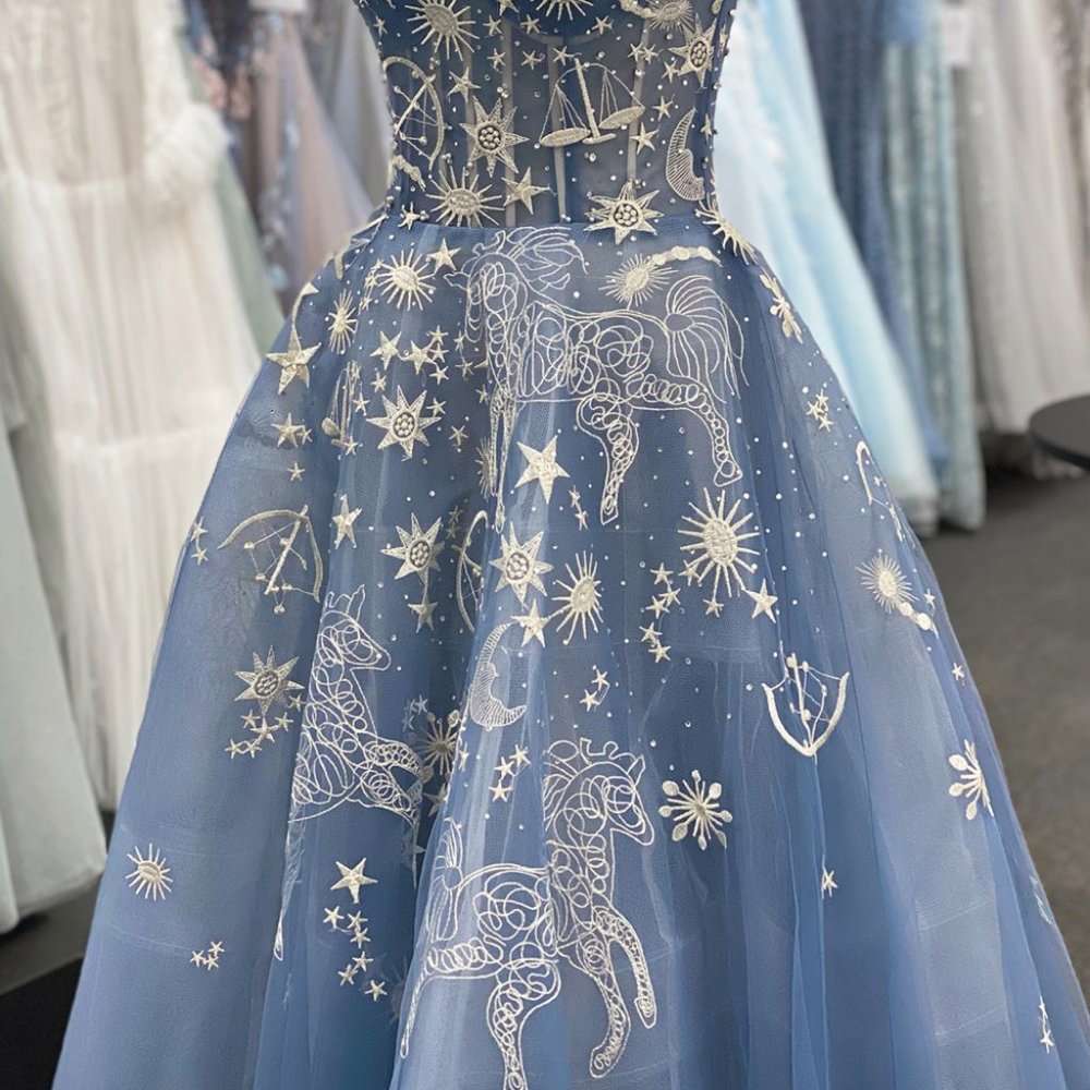 BLUE CONSTELLATION DREAM SWEETHEART EMBROIDERED TULLE BALLGOWN CORSET BACK A0890 - Picture 3 of 11